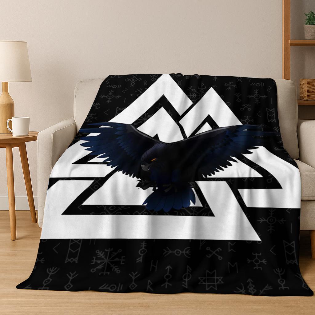 Viking Fenrir Raven Norse Mythology Skull Rune Flannel Blanket Soft Warm Blanket for Bedroom Room Office Travel Camping Picnic