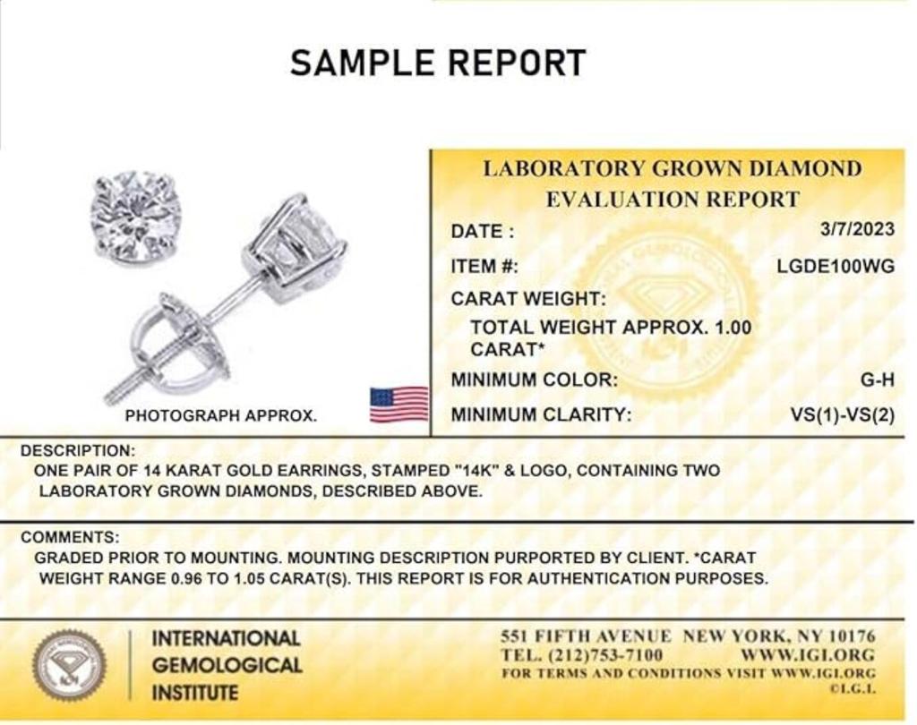 Jewels Prim 1 карат общий вес Серьги-пусеты с бриллиантами, созданными в лаборатории, в оправе из белого золота 14 карат, сертифицированы IGI
