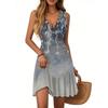 Women's Dress V-neck Sleeveless Casual Floral Print Hem Pleated Dress