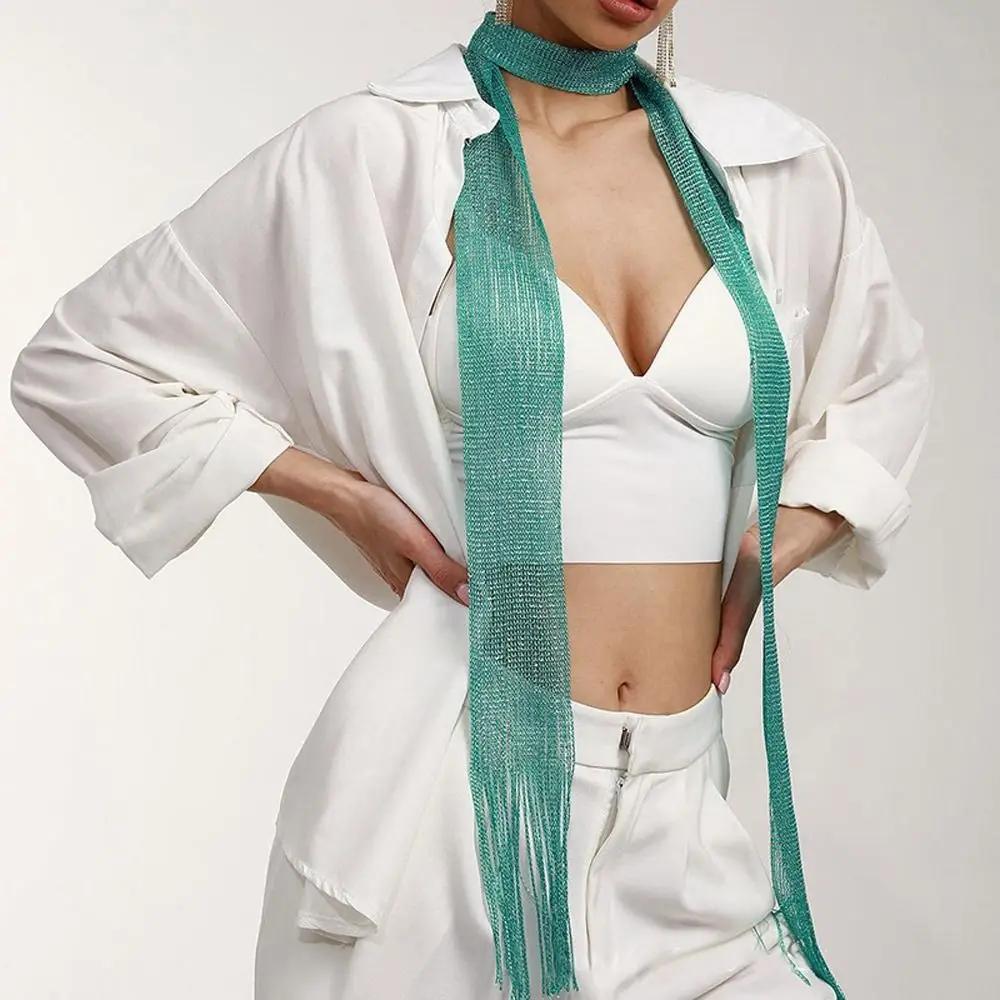 Модный кружевной шарф с кисточками, тонкий, длинный, блестящий, яркий, шелковый, солнцезащитный платок, блестящее кружевное ожерелье для женщин, шарф для вечернего платья