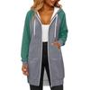 Women's Fashionable Color Blocked Long Sleeved Drawstring Hooded Zipper Pocket Long Casual Sweatshirt Jacket