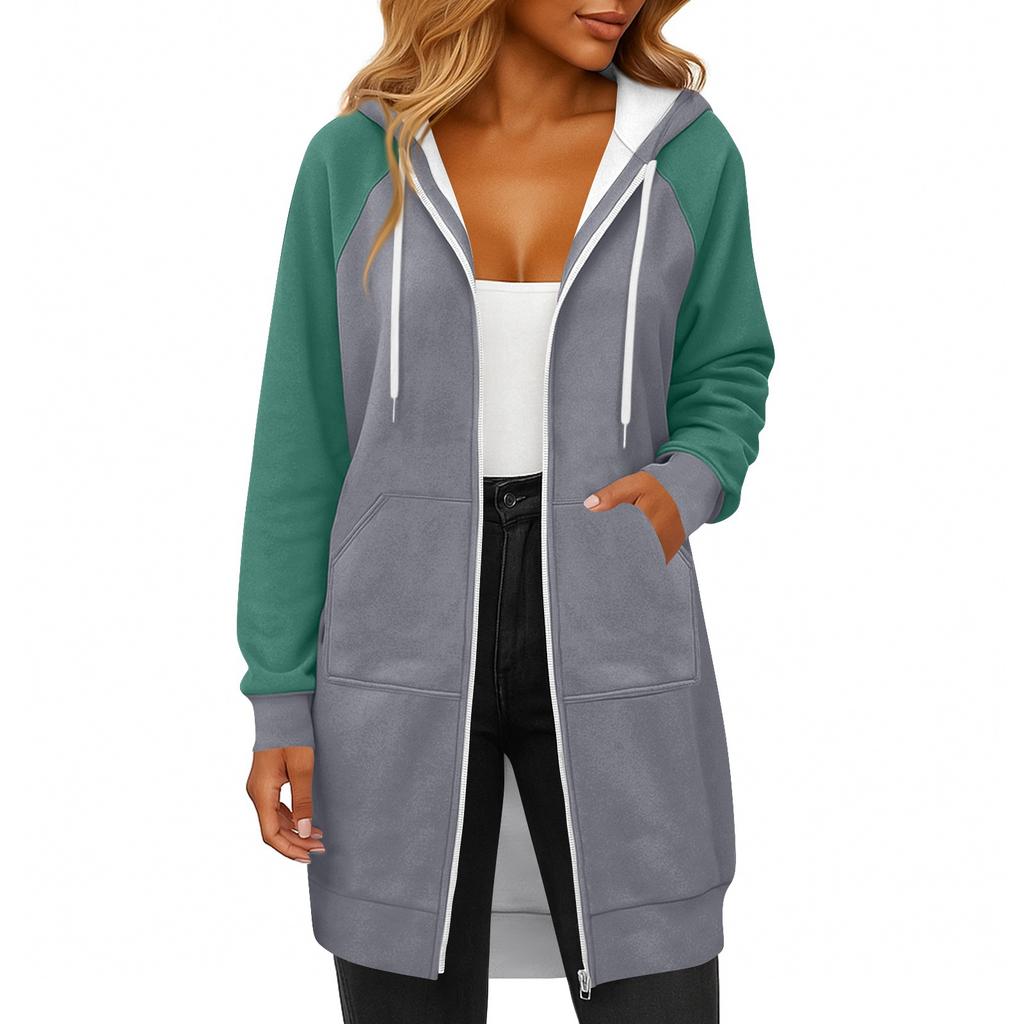 Women's Fashionable Color Blocked Long Sleeved Drawstring Hooded Zipper Pocket Long Casual Sweatshirt Jacket