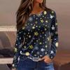 Women's Fashion Casual Slit Hem Round Neck Long Sleeve Loose Printed T-Shirt Ladies Top Christmas