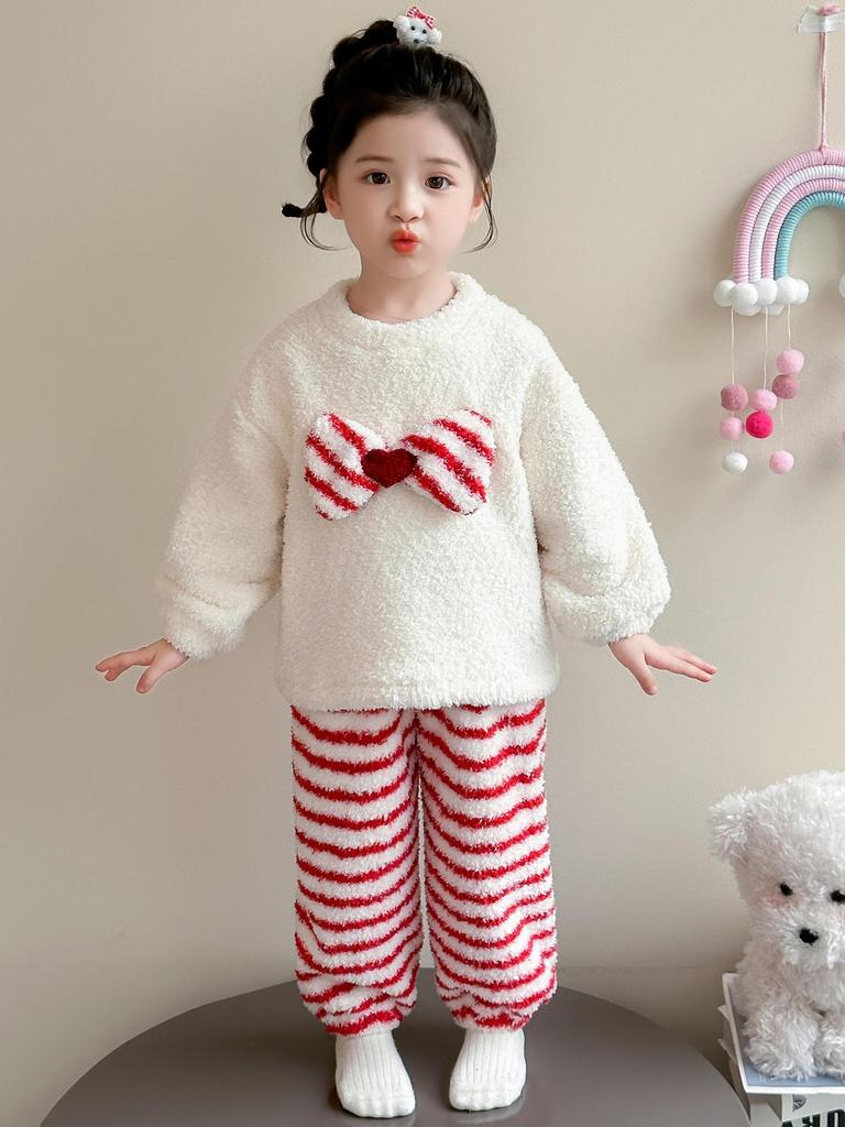 Комплект фланелевой пижамы в полоску с бантом для девочек - Уютная осенне-зимняя домашняя одежда для малышей 2025
