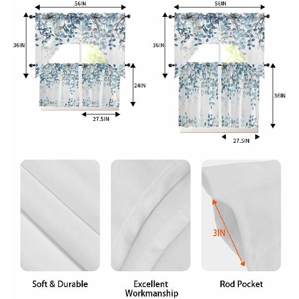 Kitchen Curtains Sets 24 Inch Length with Valance, Abstract Art Blue Leaves Branches Swag Valances for Windows and Tiers Curtain Set, Light Filtering