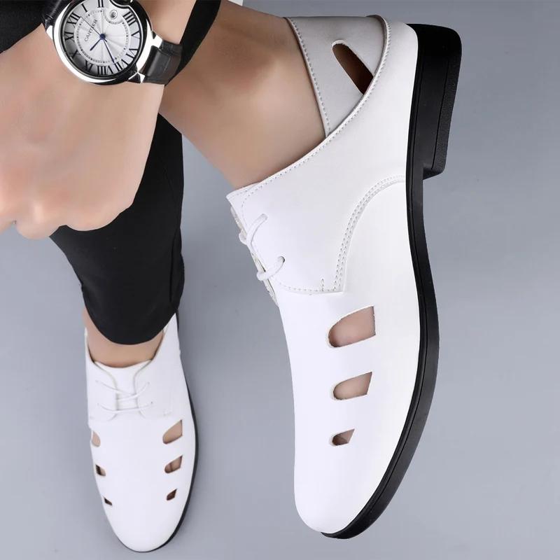 Fashion Summer Breathable Soft Soled Sandals White Hollow Lace Up Oxford Shoes for Men Brand High-quality Pointed Business Leather Shoes