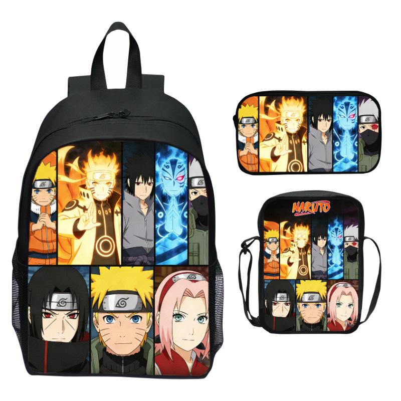 Naruto Anime 3-Piece Backpack Set Printed Cartoon Elementary School Bag Lightweight Multi-Pocket