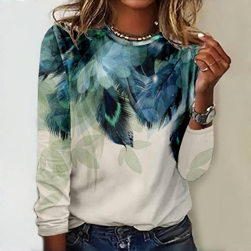 Autumn and Winter Women's Long Sleeve 3d Printed Floral Print T-Shirt Women Streetwear Round Neck Long Sleeve