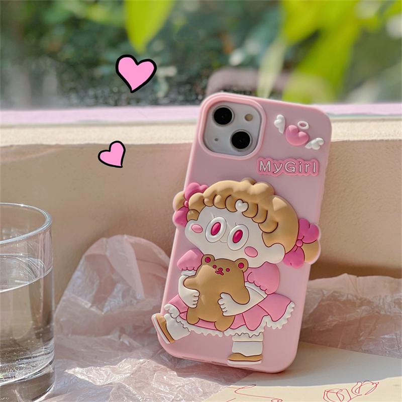 Корейский милый силиконовый розовый чехол с 3d девушкой-медведем для Iphone 14 13 12 Pro Max 11 Ins, милый защитный мягкий чехол с рисунком из мультфильма