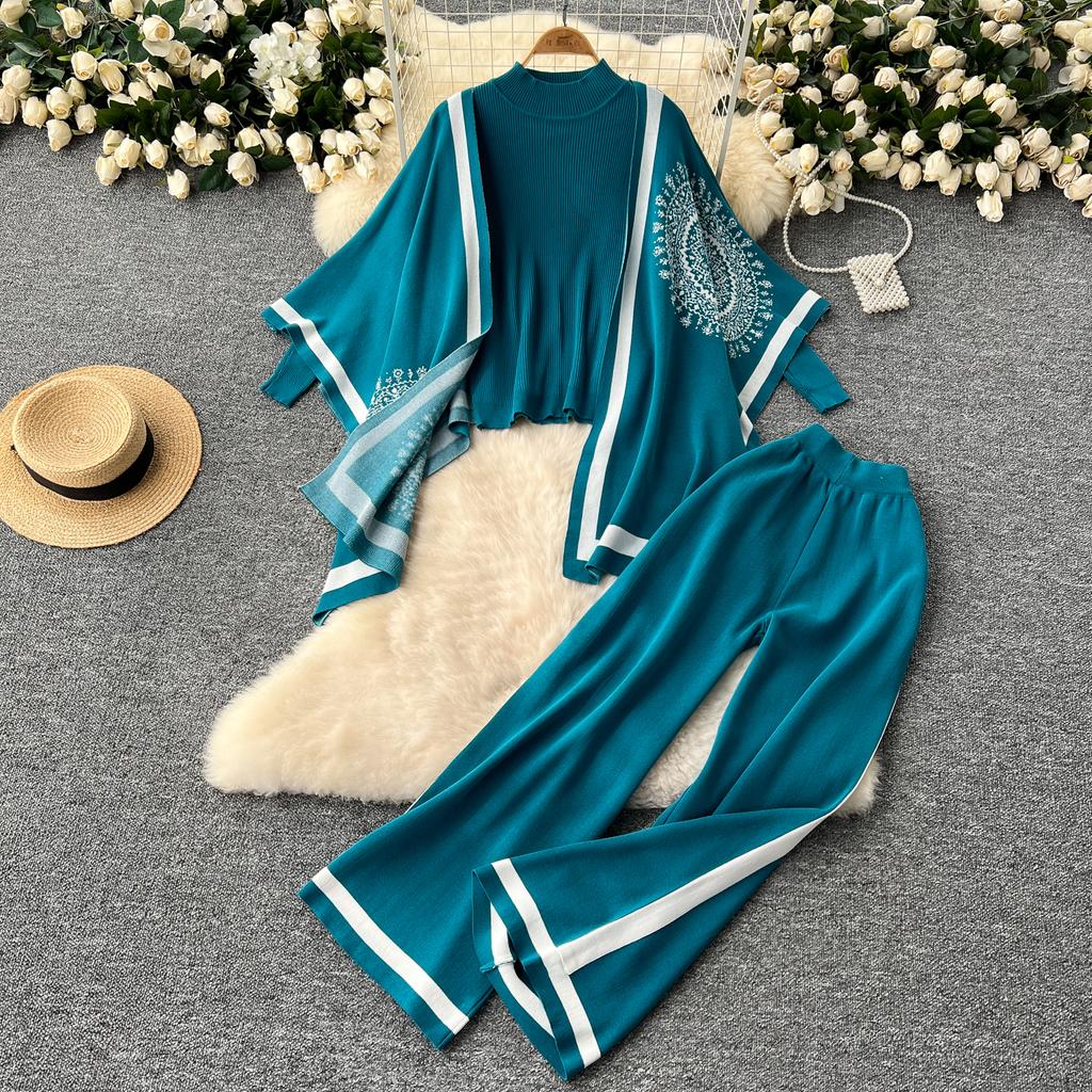 Женские шикарные трикотажные комплекты из двух предметов с рукавами-лодочками, в стиле пэчворк, с круглым вырезом, с разрезом, с высокой посадкой, широкие брюки, модные летние комплекты