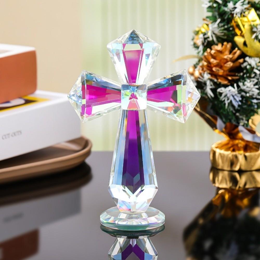 Hand-Carved Crystal Cross 360° Faceted Design Standing Ornament Spiritual Gift Christians AB Color Crystal Religious Figurine