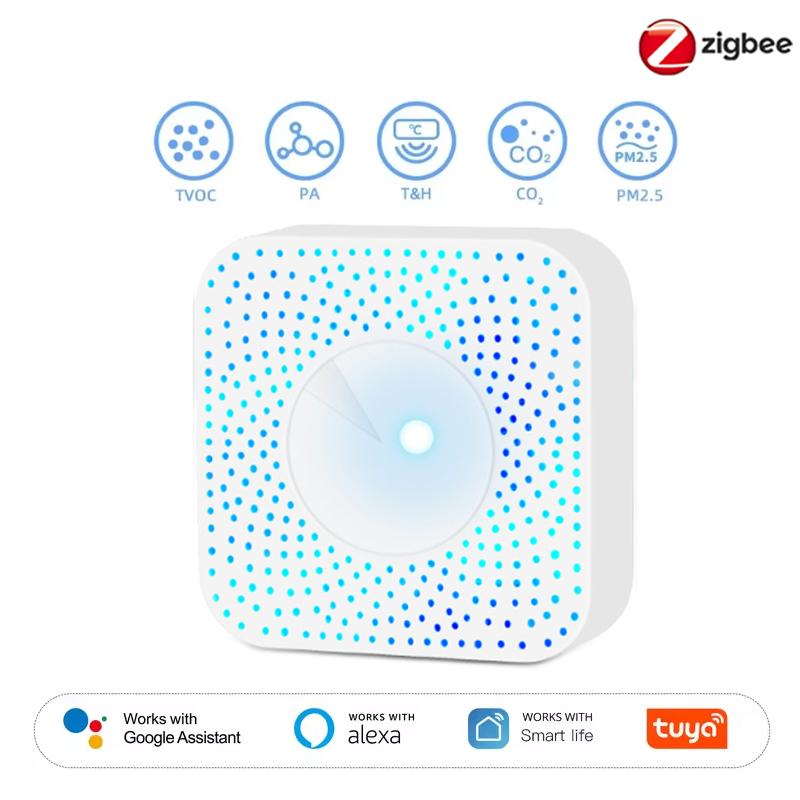 Tuya ZigBee/WiFi Детектор качества воздуха PM2.5 Формальдегид ЛОС CO2 Температура Влажность 6-в-1 Умный датчик Air Box Через Alexa Google