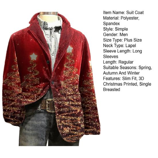 Пиджак Костюм Вельветовая Зимняя Куртка Приталенный Однобортный Пиджак Лацкан Длинный Рукав 3D Принт на Рождественскую Тематику Верхняя Одежда