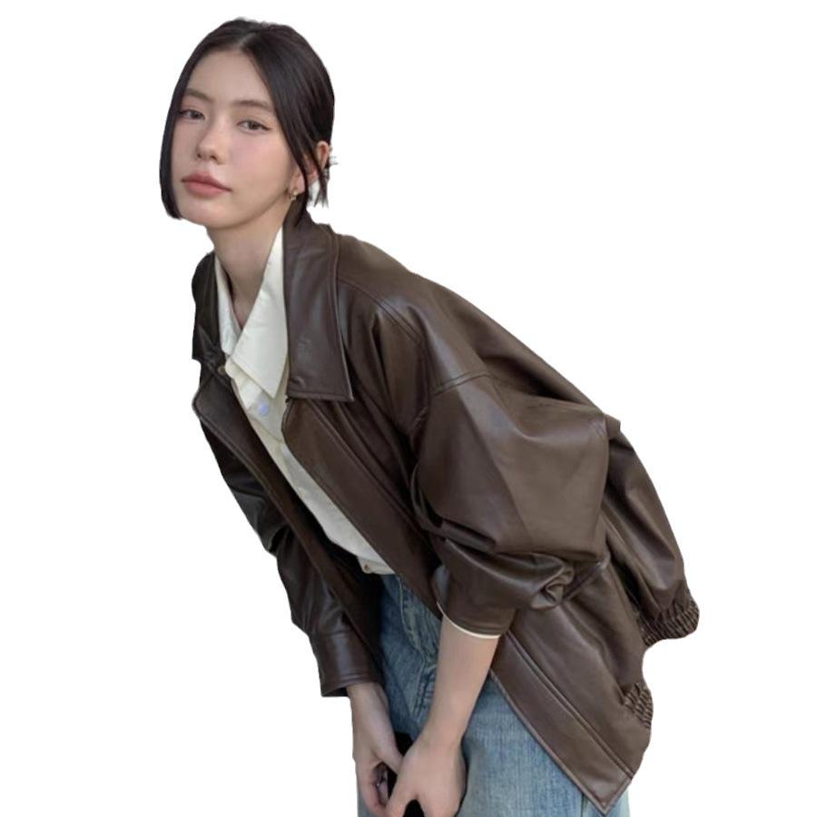 Женская мотоциклетная куртка из коричневой кожи в американском ретро-стиле - осень 2023 г., корейский стиль