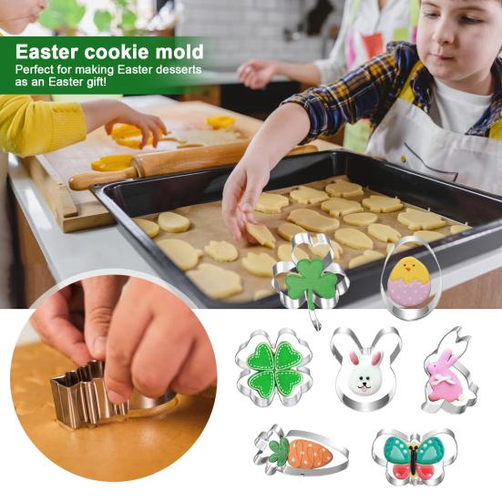 7Pcs/Set Easter Cookie Cutter Bunny Egg Carrot Flower Shamrock Shape Food Grade Stainless Steel Press Biscuit Cutting Mold Kit Kitchen Baking Tools