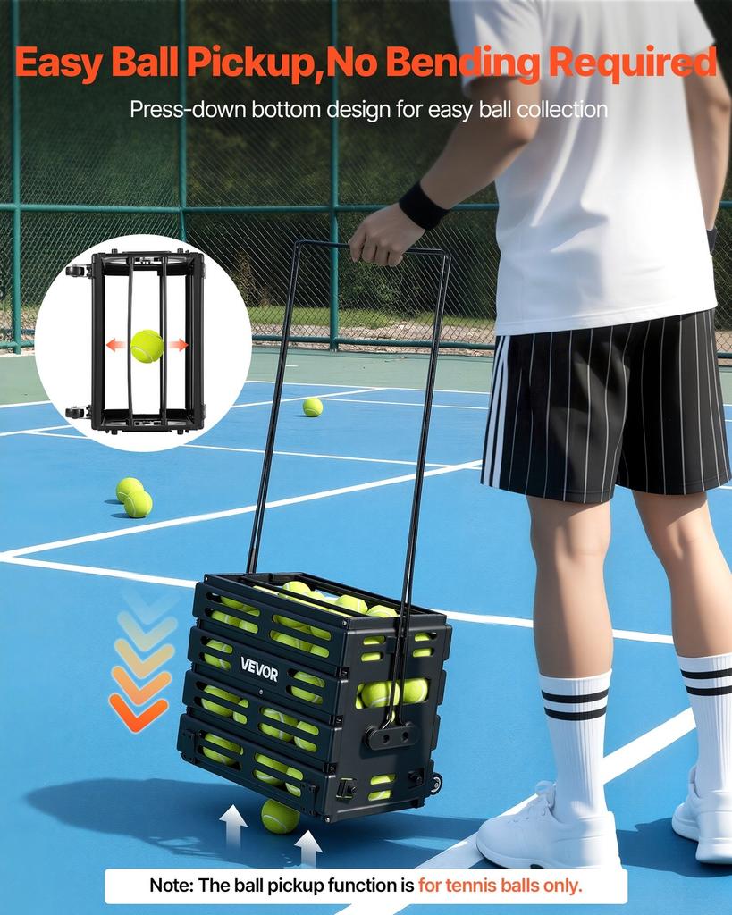 Tennis Ball Hopper, Holds 80 Tennis Balls, Pickleball Basket Cart with Wheels for Easy Pick Up, Portable Pickleball Collection Caddy with Heavy-Duty