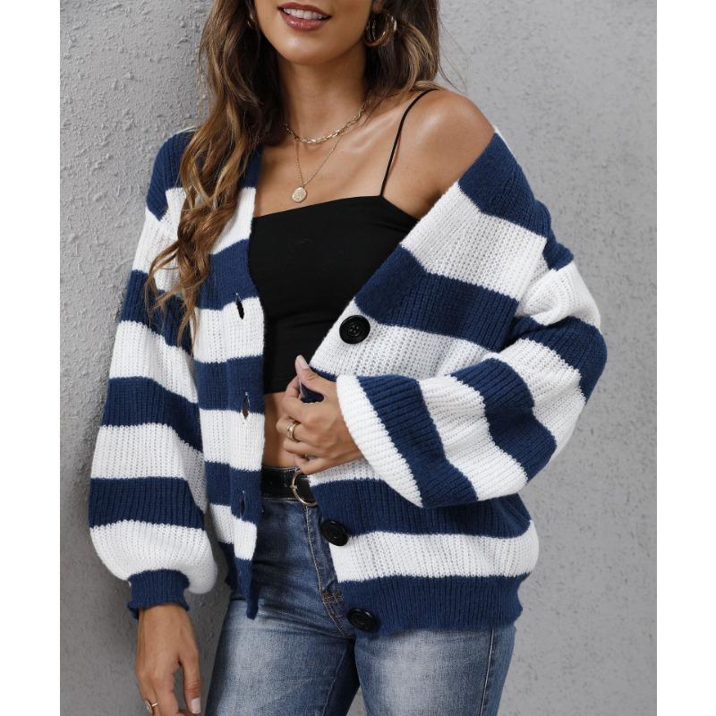 Женский осенне-зимний кардиган с яркими полосками, лоскутный тканый свитер с пуговицами