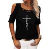 Women Fashion Off Shoulder Tee Shirt Summer Cross Print T-Shirt Ladies Casual O Collar Short Sleeve Top