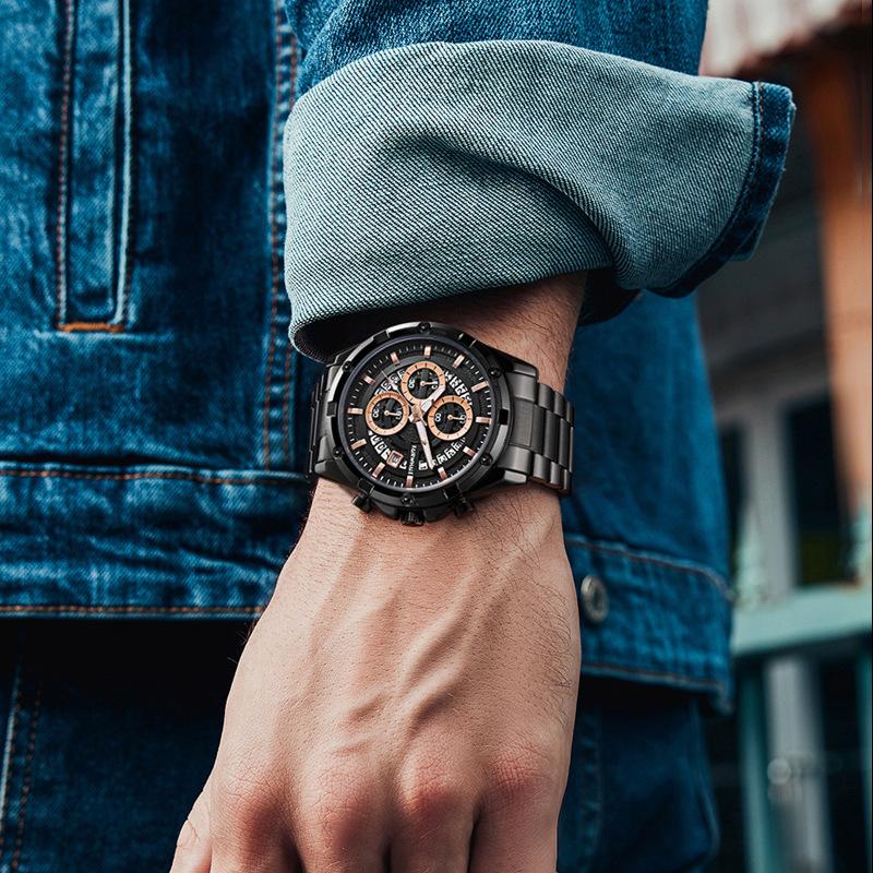 Mark Fairwhale Brand Men's Quartz Watches Stainless Steel Strap Waterproof Luminous Multifunctional Date Chronograph Watch Men