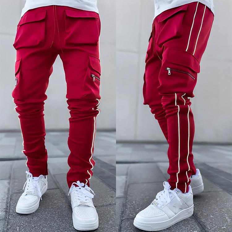 Men's Reflective Strip Cargo Pants Multi-pocket Jogger Trousers