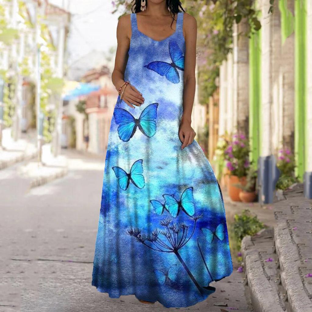 Женское повседневное платье макси с принтом, V-образным вырезом, без рукавов, платье-комбинация с карманами