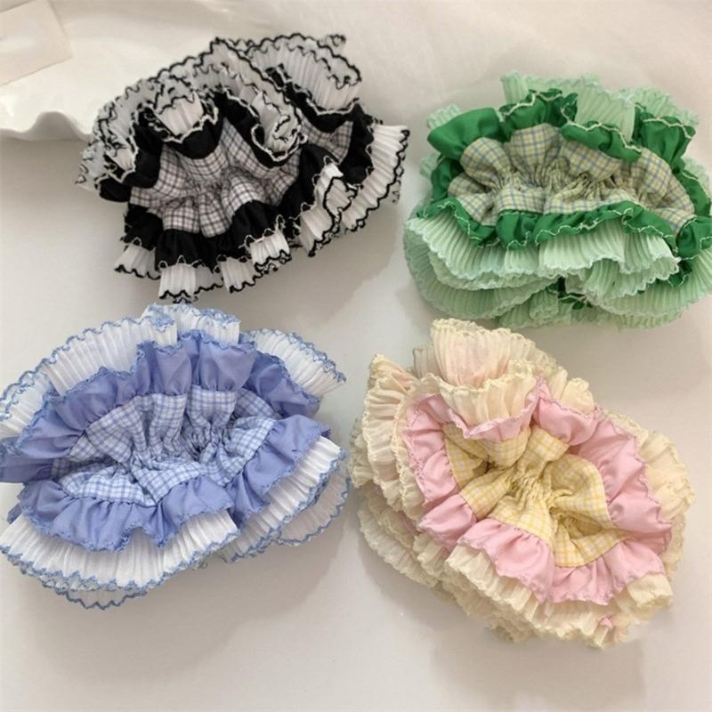 Aesthetic Scrunchies Elastic Multilayer Lace Hair Rope Wedding Party Beach Headwear Big Buns Hair Elastic Check Hairtie