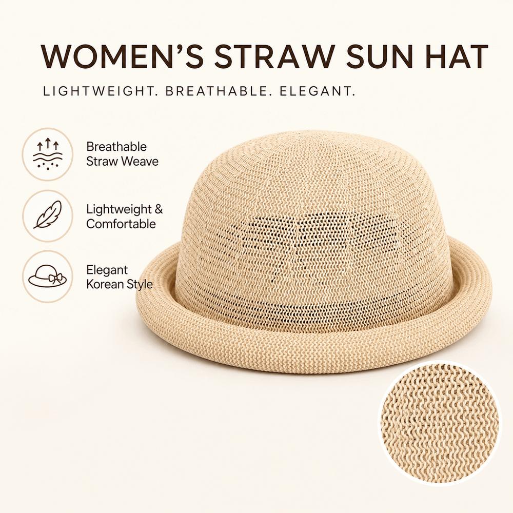 Round Top Straw Sun Hat Raffia Weave Sun Visor Hat Elegant Roll Brim Hat Beach Vacation