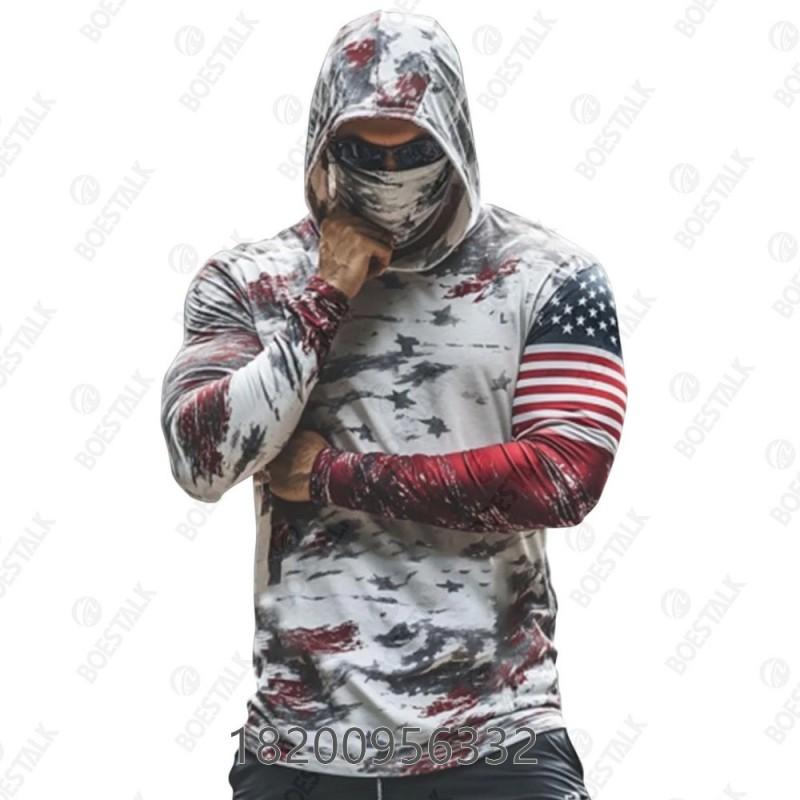 Mens Camo Fishing Shirt UPF 50 Sun Protection Hooded With Mask