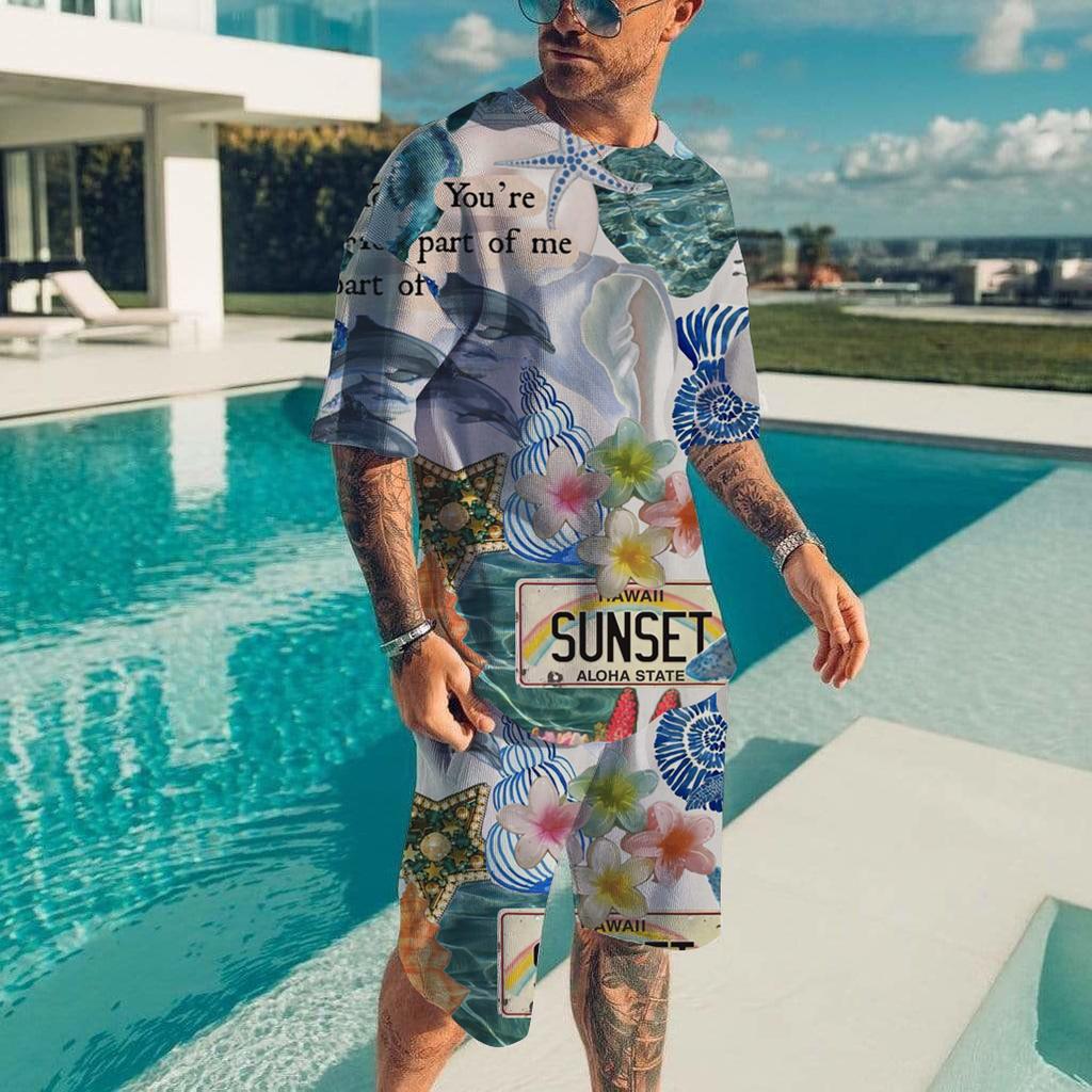 Гавайский мужской комплект, повседневная футболка, пляжные брюки, костюм, повседневный стильный мужской топ с коротким рукавом, для отдыха на природе, мужские футболки, короткий комплект из двух предметов