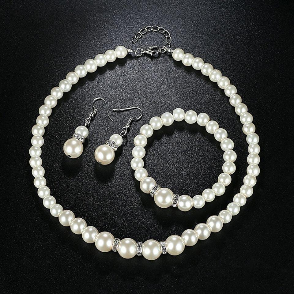 Elegant ABS Pearl Jewelry Set: Necklace, Earrings, and Bracelet for Mother's Gift or Wedding Accessories.