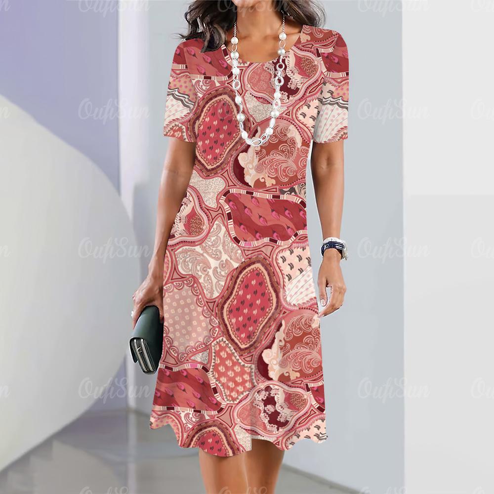 Summer Woman Clothing Short Sleeves Dresses Irregularly Printing Long Dress 3d Retro Women's Clothing Loose Round Neck Pullover