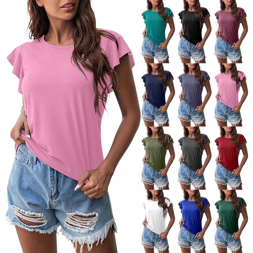 Женская мода с круглым вырезом и рюшами с коротким рукавом, однотонная повседневная футболка