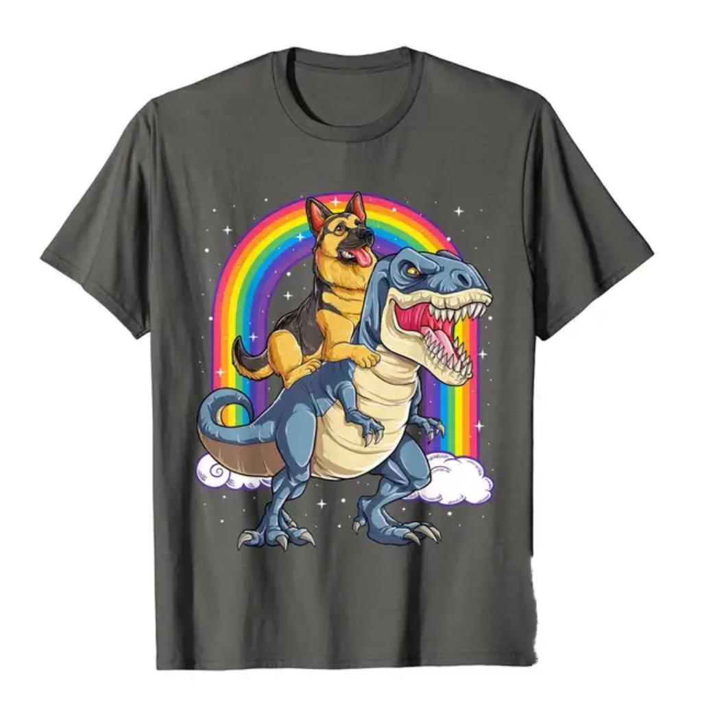 Мужская футболка с 3d принтом «Немецкая овчарка», езда на динозавре, радужная футболка, хлопковые дизайнерские топы, футболка, модная мужская футболка
