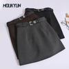 Women Woolen High Waist Skirt With Belt Casual Office Mini Skirt Chic Bodycon A-line Skirts