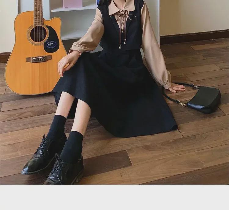 Платье большого размера с высокой талией, многослойное, из двух частей, с эффектом осеннего корейского стиля в колледже