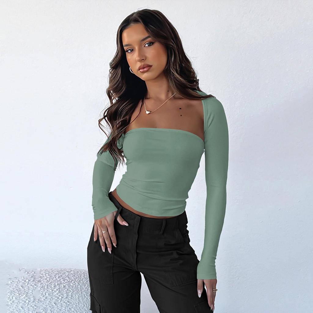 Женские летние топы без рукавов, уличная одежда, тонкие облегающие футболки с длинными рукавами из двух предметов, укороченные топы, однотонные