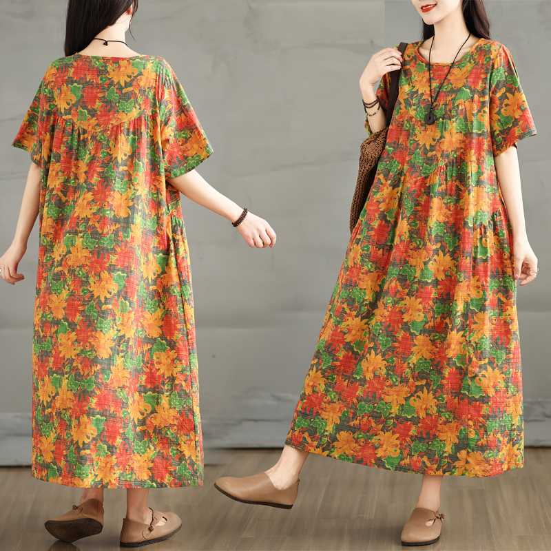 Summer Retro Cotton and Linen Round Neck Short Sleeved Dress, Women's Loose Skirt