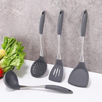 4 шт. кухонные инструменты, силиконовая кухонная утварь, серая лопатка, силиконовая ручка из нержавеющей стали, антипригарная лопатка для жарки, набор ложек