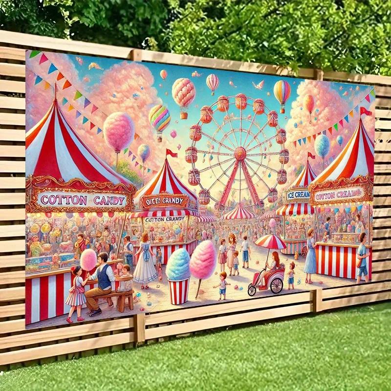2D flat banner, 1 piece - Large amusement park party backdrop - Retro carnival decoration with Ferris wheelDJH