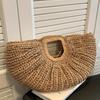 1pc Large Capacity Khaki Handbag Tote Bag Woven Bag Open Straw Bag Round Bag for Travel and Vacation Beach, Eye-Catching Beach Bag Summer