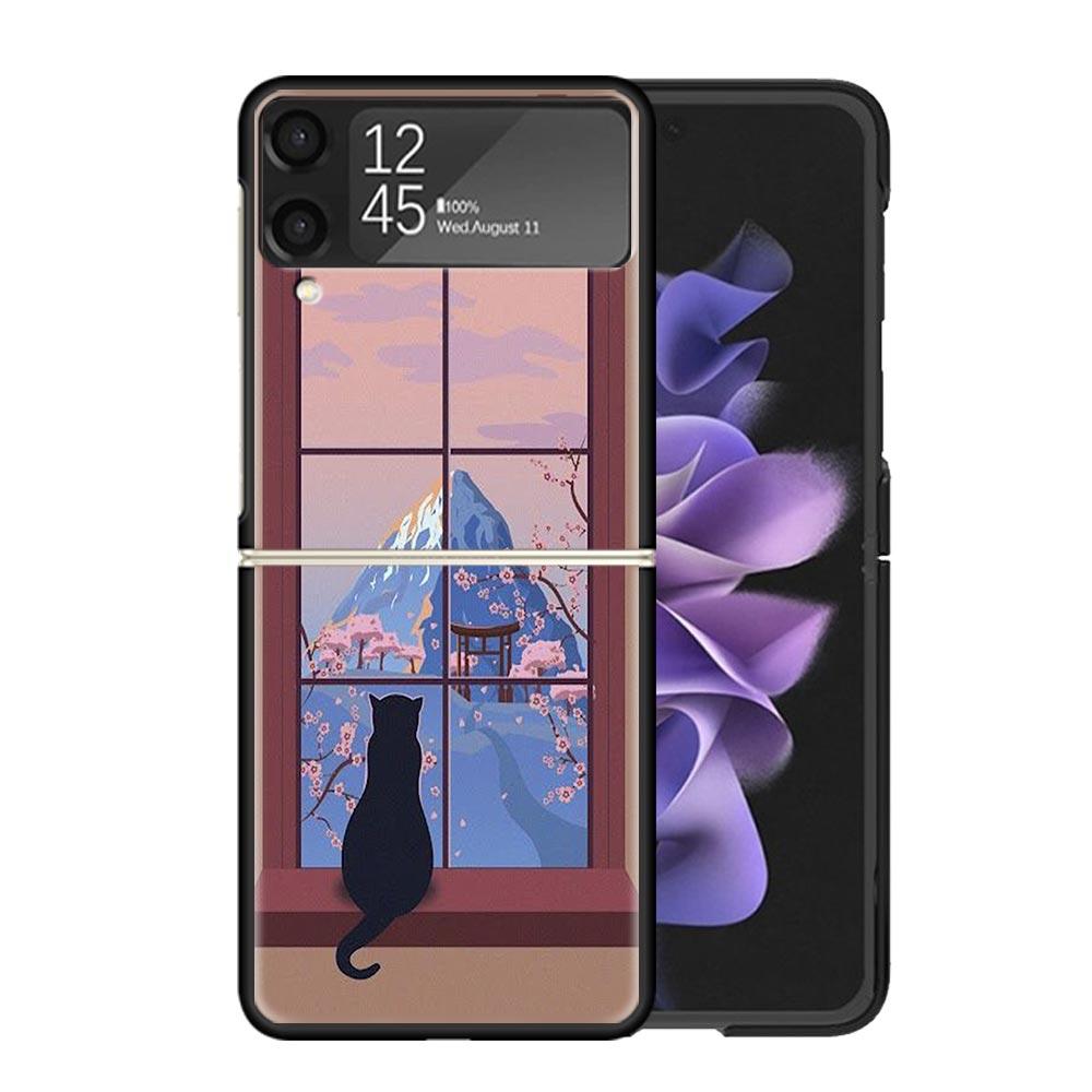 Black Cat Cartoon Cute Clear Phone Case For Samsung Z Flip 7 6 5 4 3 Galaxy ZFlip7 ZFlip6 ZFlip5 ZFlip4 ZFlip3 5G Print Cover PC