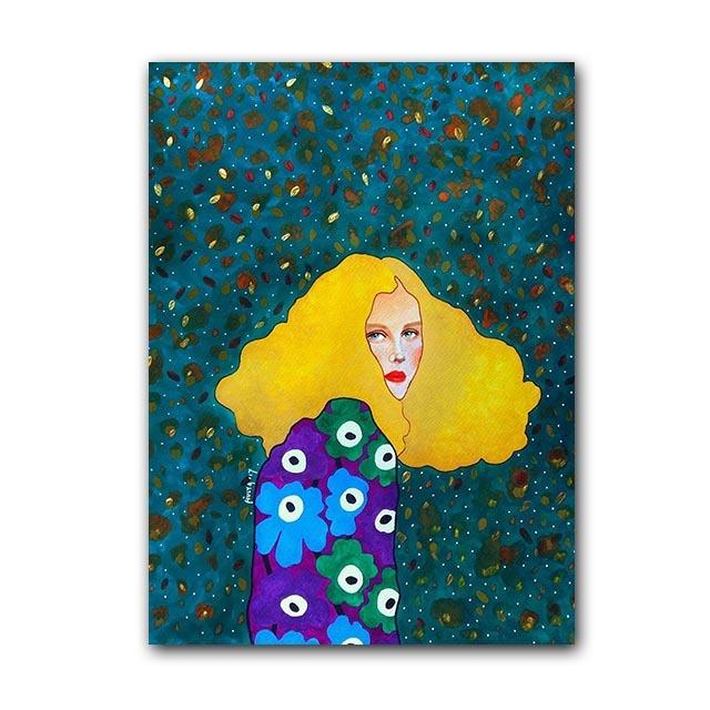 Abstract Flower Girl Colorful Long Hair Nordic Poster Female Wall Art Canvas Painter