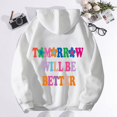 Завтра будет лучше Принт алфавита Толстовка из флиса с капюшоном и рукавами до плеча, Женская