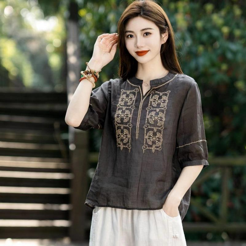 Художественная тяжелая промышленность вышивка V-образный вырез вышитая однотонная рубашка из хлопка и пеньки солнцезащитная маленькая рубашка летний образ тонкие рубашки с пятью рукавами