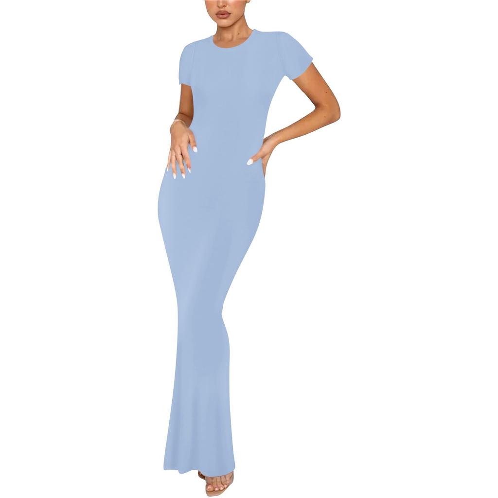 Женское модное и сексуальное однотонное длинное платье с круглым вырезом и короткими рукавами