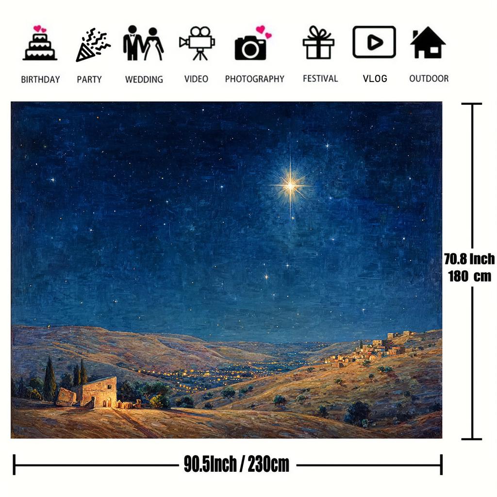 1pc Bethlehem Birth Scene Background - Religious party decorations and houses on the hillside, starry sky and shining st