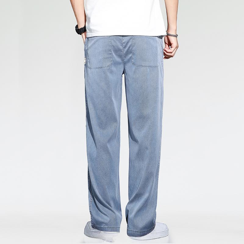 Летние тонкие свободные широкие мужские джинсы из мягкого лиоцелла, эластичные модные повседневные прямые джинсовые брюки с завязками, черные, синие, серые