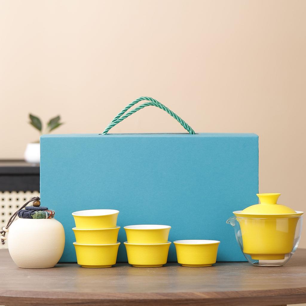 Chinese gradual change coarse pottery hover cover bowl tea set portable travel tea set one pot three cups express cup set