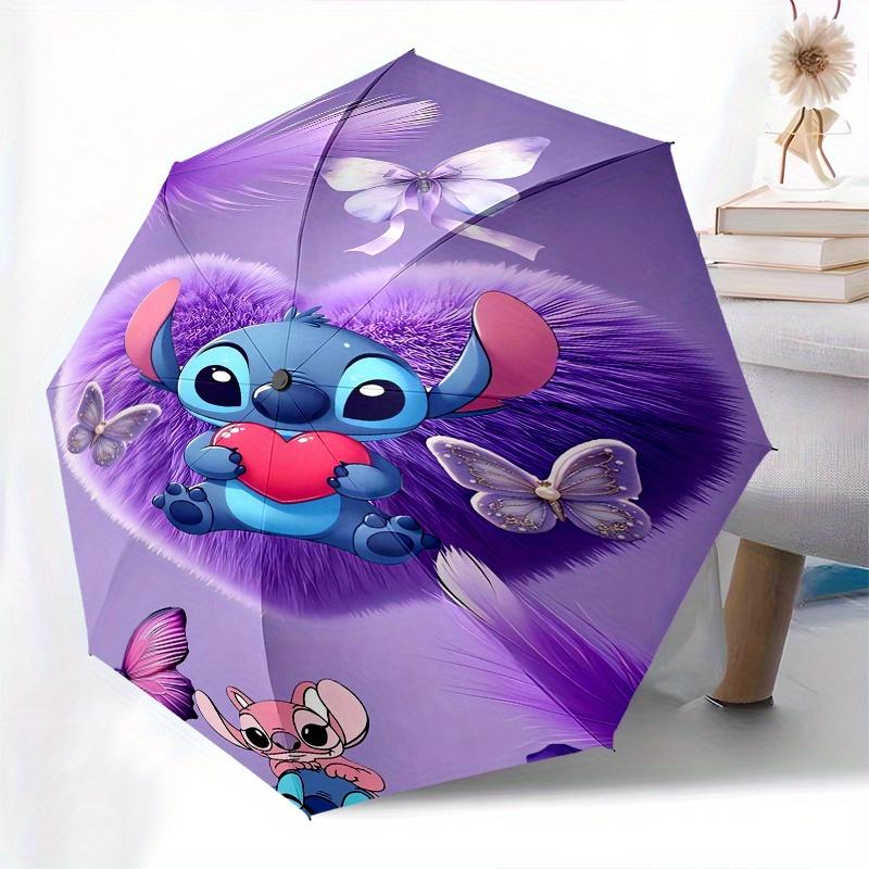 Stitch,Heart Automatic Folding Umbrella   Simple 8 Rib Design, Bright Cartoon Pattern, Durable Iron Frame, Suitable For Travel, Outdoor, Bea