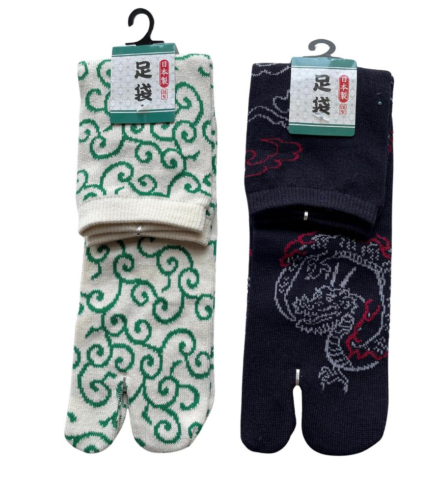 Tabi Japanese Made In Dragon and Arabesque Set of 2 Pairs Men's Socks, Pattern, Thin, Japan, Designs, (Colors Available)